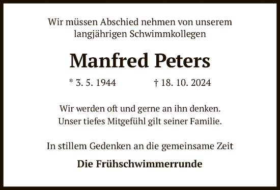 Todesanzeige von Manfred Peters von HNA