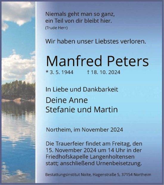 Todesanzeige von Manfred Peters von HNA