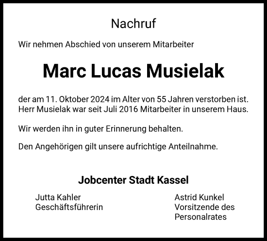 Todesanzeige von Marc Lucas Musielak von HNA