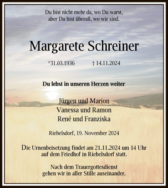 Todesanzeige von Margarete Schreiner von HNA