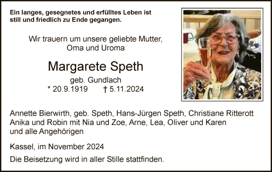 Todesanzeige von Margarete Speth von HNA