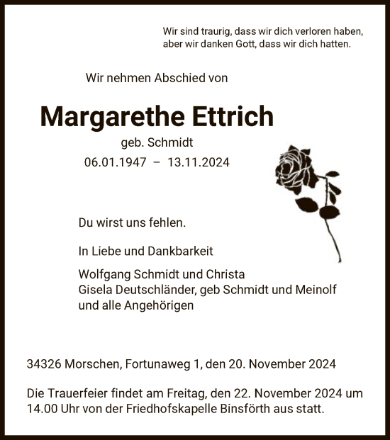 Todesanzeige von Margarethe Ettrich von HNA