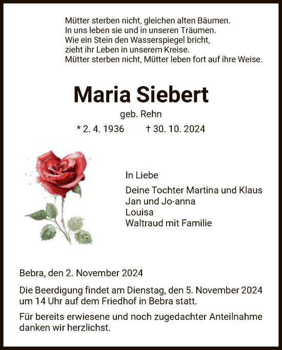 Todesanzeige von Maria Siebert von HNA