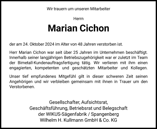 Todesanzeige von Marian Cichon von HNA