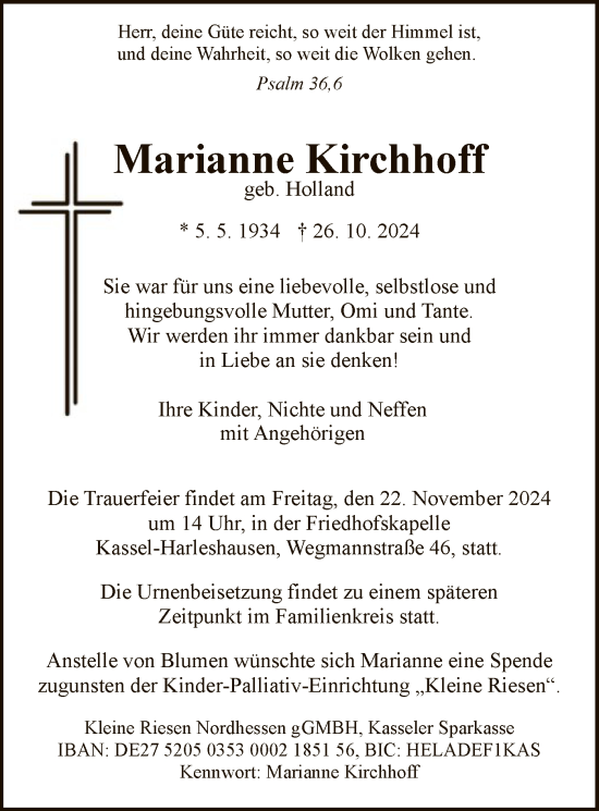 Todesanzeige von Marianne Kirchhoff von HNA