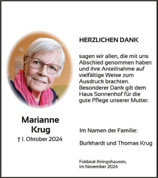 Todesanzeige von Marianne Krug von HNA