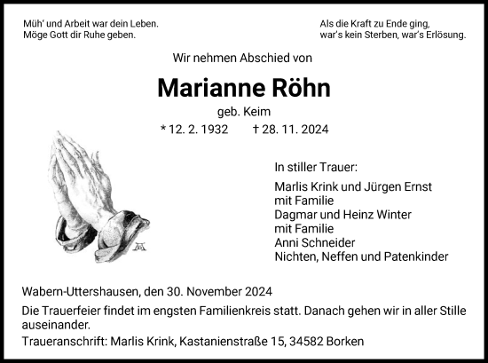 Todesanzeige von Marianne Röhn von HNA