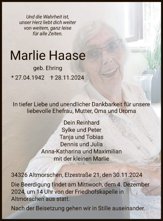 Todesanzeige von Marlie Haase von HNA