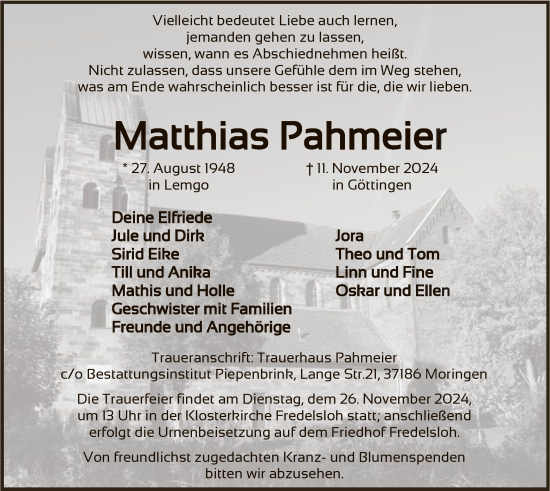 Todesanzeige von Matthias Pahmeier von HNA