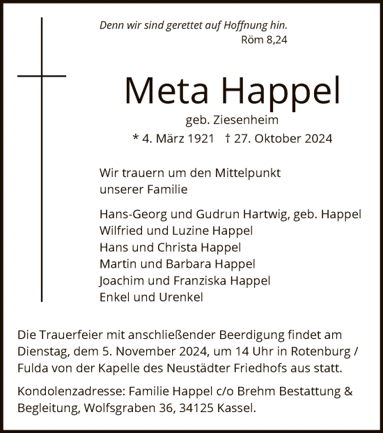 Todesanzeige von Meta Happel von HNA