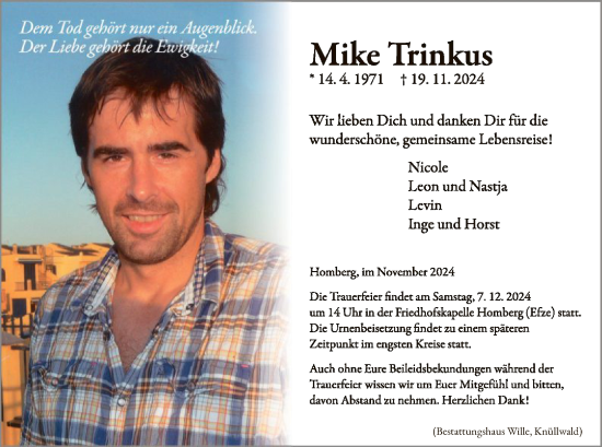 Todesanzeige von Mike Trinkas von HNA