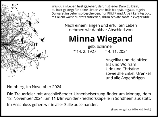 Todesanzeige von Minna Wiegand von HNA