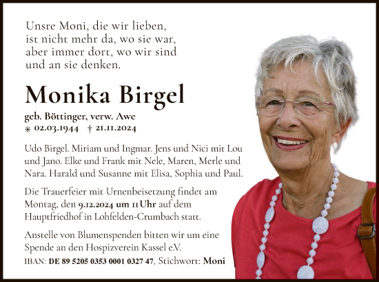 Todesanzeige von Monika Birgel von HNA