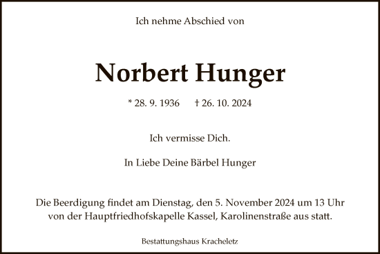 Todesanzeige von Norbert Hunger von HNA