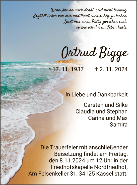 Todesanzeige von Ortrud Bigge von HNAHNA