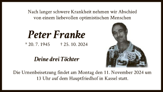 Todesanzeige von Peter Franke von HNA