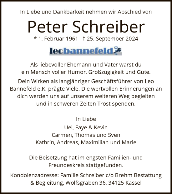 Todesanzeige von Peter Schreiber von HNA