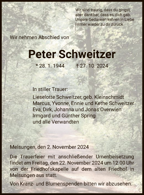 Todesanzeige von Peter Schweitzer von HNA