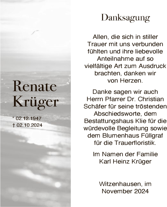 Todesanzeige von Renate Krüger von HNA