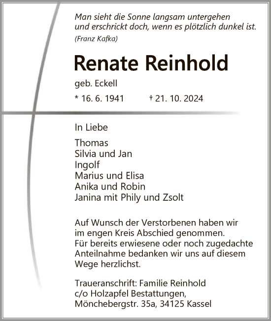 Todesanzeige von Renate Reinhold von HNA