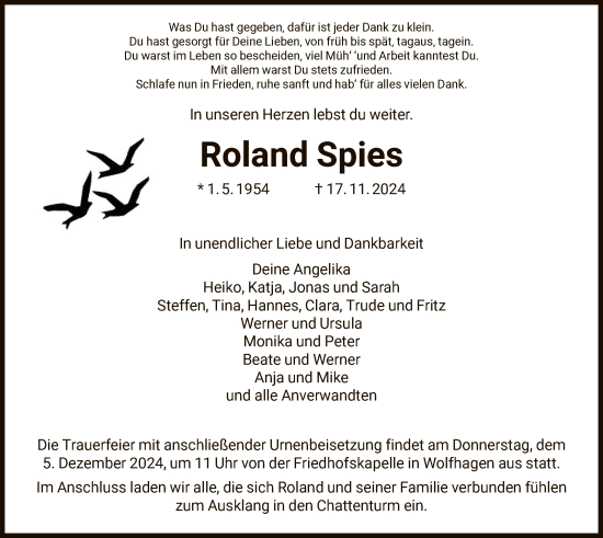 Todesanzeige von Roland Spies von HNA