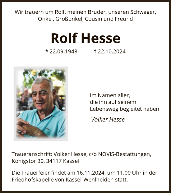 Todesanzeige von Rolf Hesse von HNA