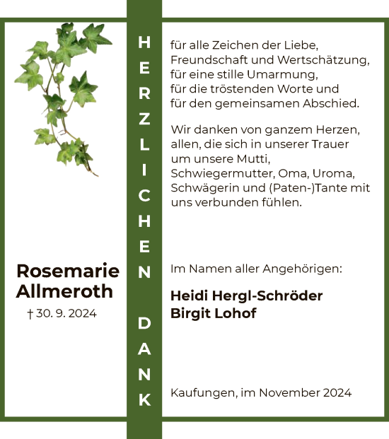 Todesanzeige von Rosemarie Allmeroth von HNA