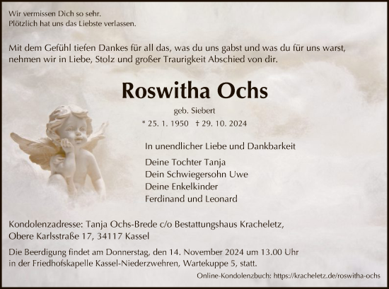 Todesanzeige von Roswitha Ochs von HNA