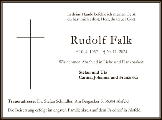 Todesanzeige von Rudolf Falk von HNA