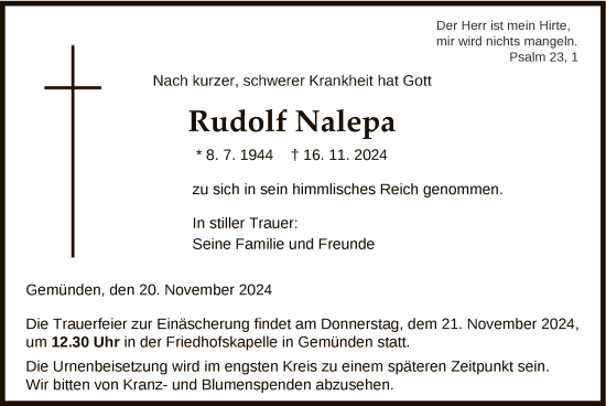 Todesanzeige von Rudolf Nalepa von HNA