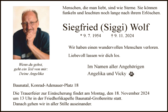 Todesanzeige von Siegfried Wolf von HNA