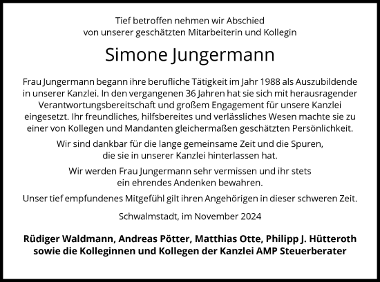 Todesanzeige von Simone Jungermann von HNA