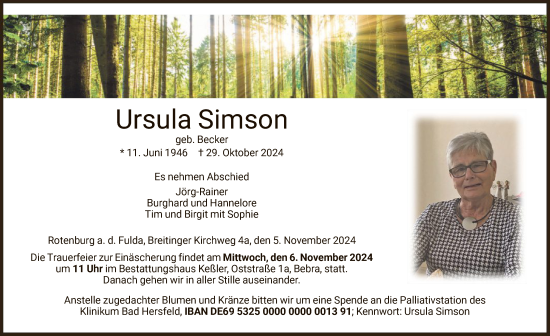 Todesanzeige von Ursula Simson von HNA