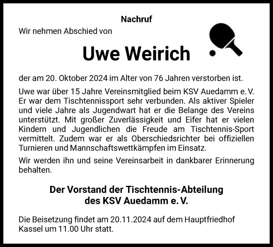 Todesanzeige von Uwe Weirich von HNA