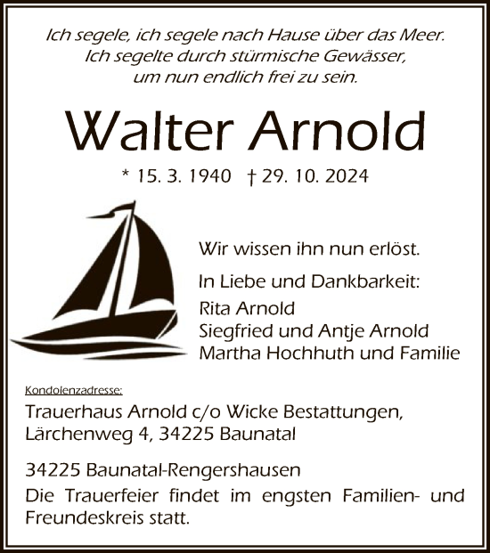 Todesanzeige von Walter Arnold von HNAHNA