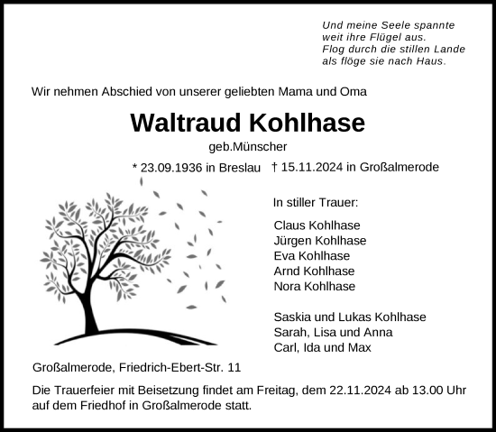 Todesanzeige von Waltraud Kohlhase von HNA