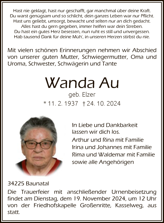 Todesanzeige von Wanda Au von HNA