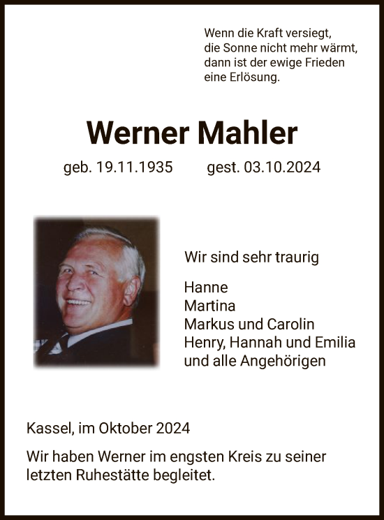 Todesanzeige von Werner Mahler von HNA