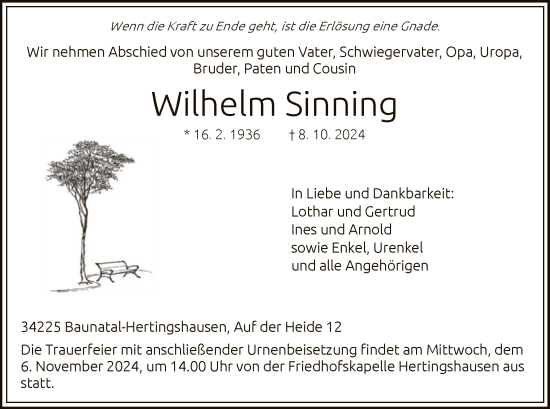 Todesanzeige von Wilhelm Sinning von HNA