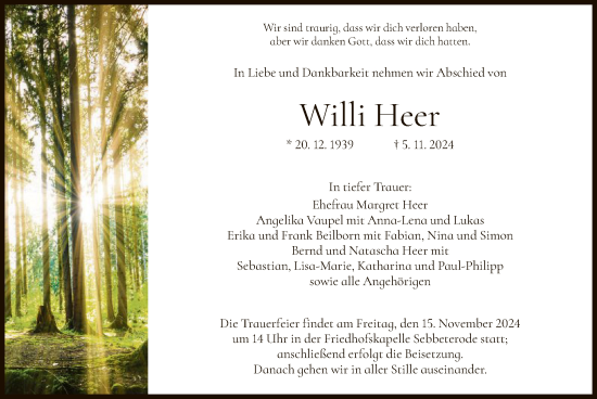 Todesanzeige von Willi Heer von HNA