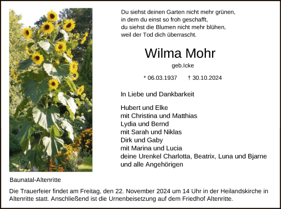 Todesanzeige von Wilma Mohr von HNAHNA