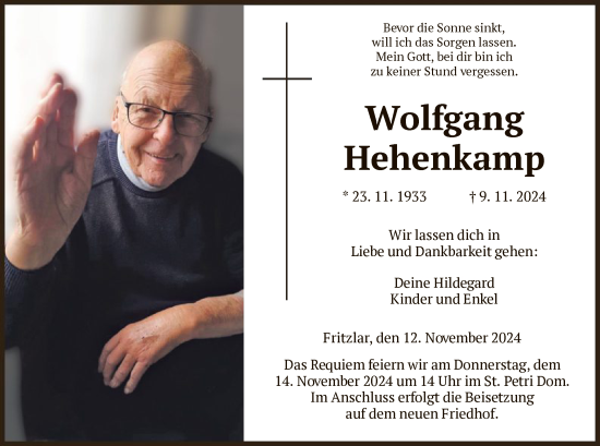 Todesanzeige von Wolfgang Hehenkamp von HNA