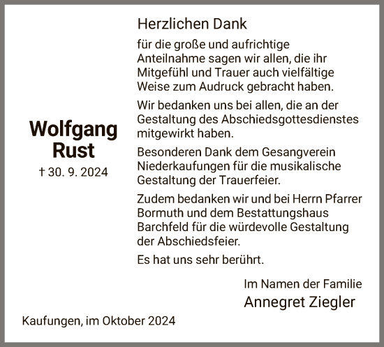 Todesanzeige von Wolfgang Rust von HNA