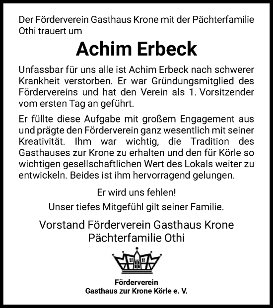 Todesanzeige von Achim Erbeck von HNA