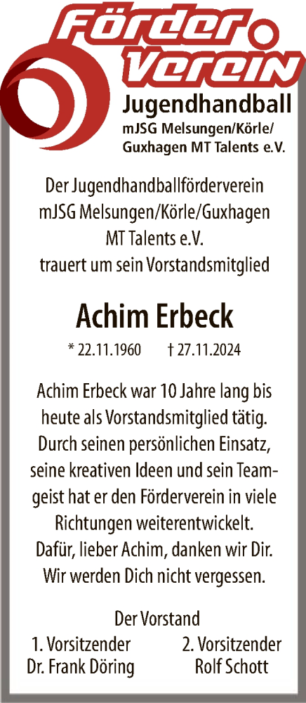 Todesanzeige von Achim Erbeck von HNA