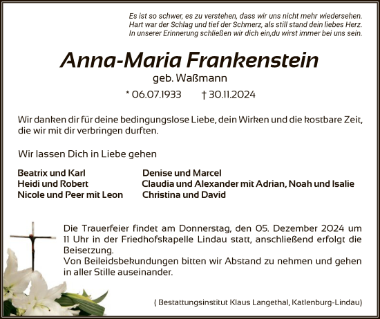 Todesanzeige von Anna-Maria Frankenstein von HNA