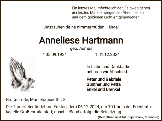 Todesanzeige von Anneliese Hartmann von HNA