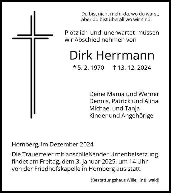 Todesanzeige von Dirk Herrmann von HNA