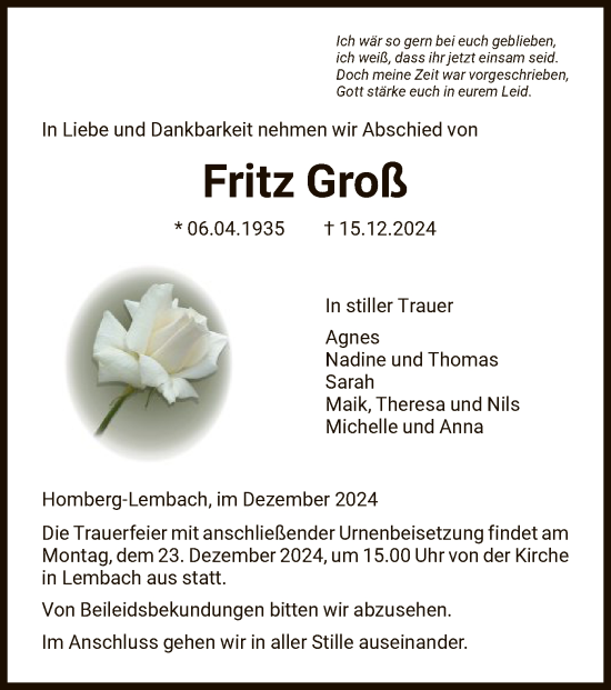 Todesanzeige von Fritz Groß von HNA