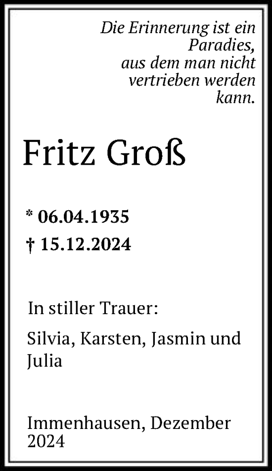 Todesanzeige von Fritz Groß von HNA